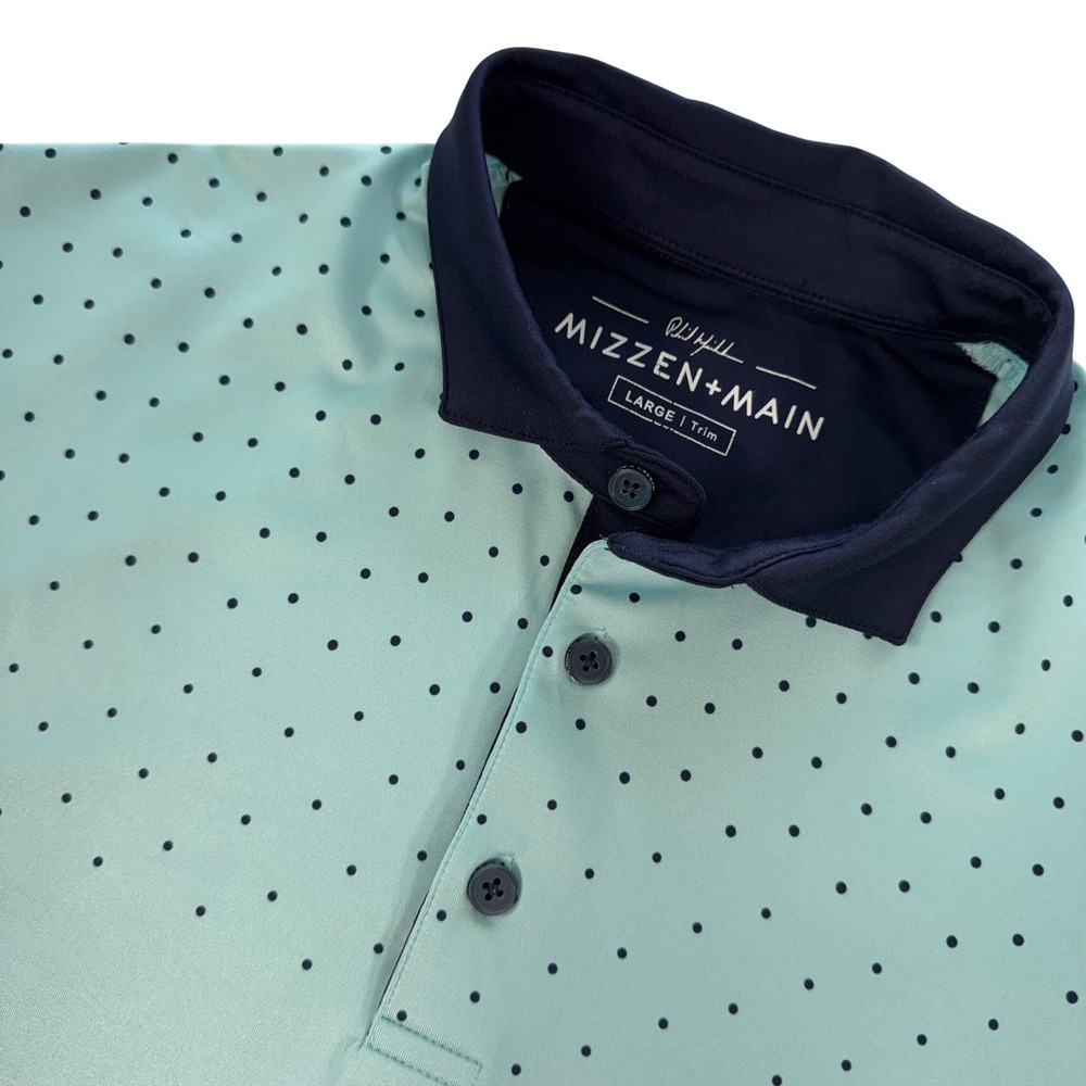 Mizzen+Main Phil Mickelson Polo Mens Large Golf Shirt Trim Fit Blue Polka Dot